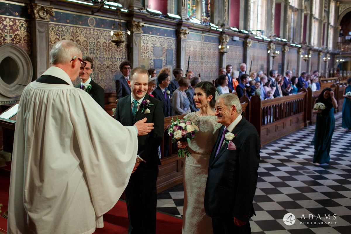 Royal Holloway wedding groom welcomes the bride and her father