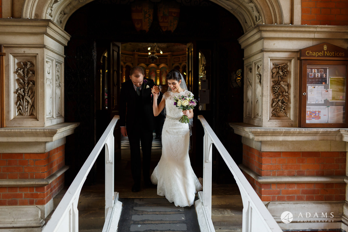 royal holloway wedding bride and groom outside the chapel together