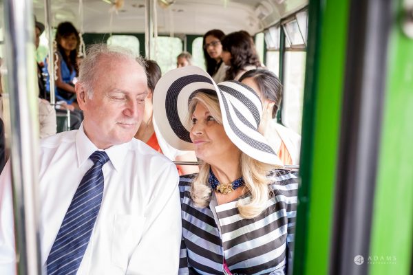St Audries Park wedding couple flirting on the bus