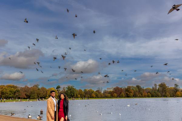 Engaged couple posing the Hyde park