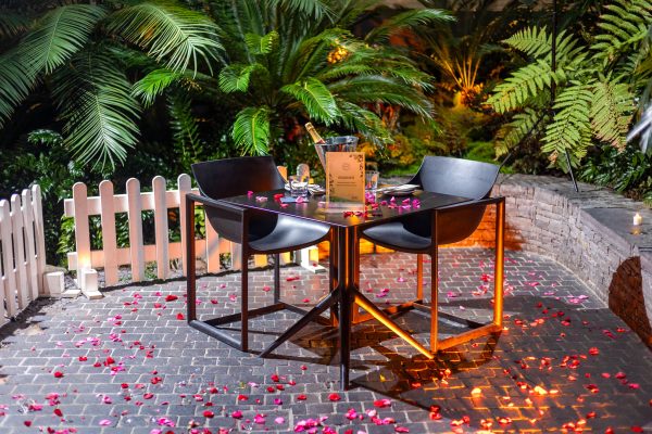 The table set up with champagne and rose petals and candles for the marriage proposal at Sky Garden in London